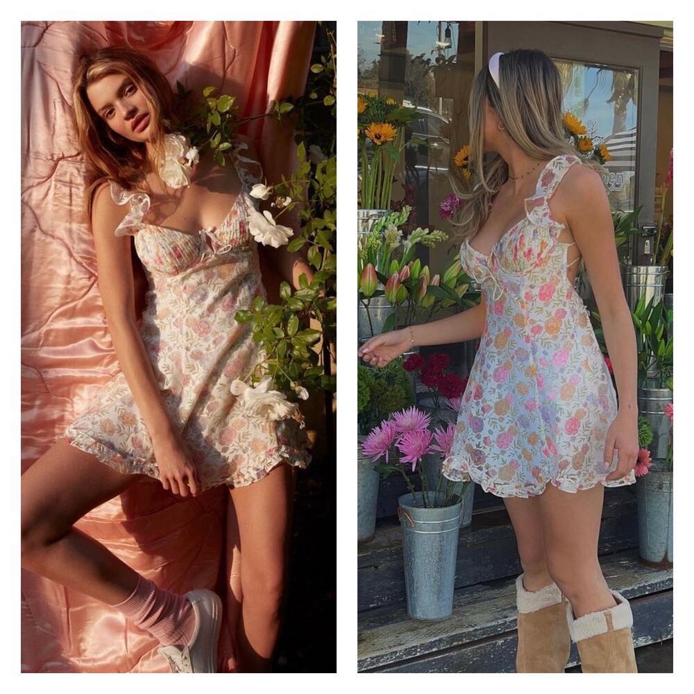 For Love & Lemons Floral Lace Mini Dress in White with Pastel Florals